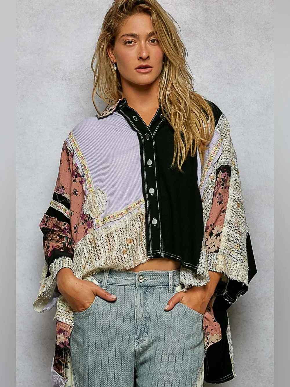 POL “ Topanga Hideaway “ Poncho Patchwork Cotton Oversized Top | Lilac / Black - Picture 6 of 9